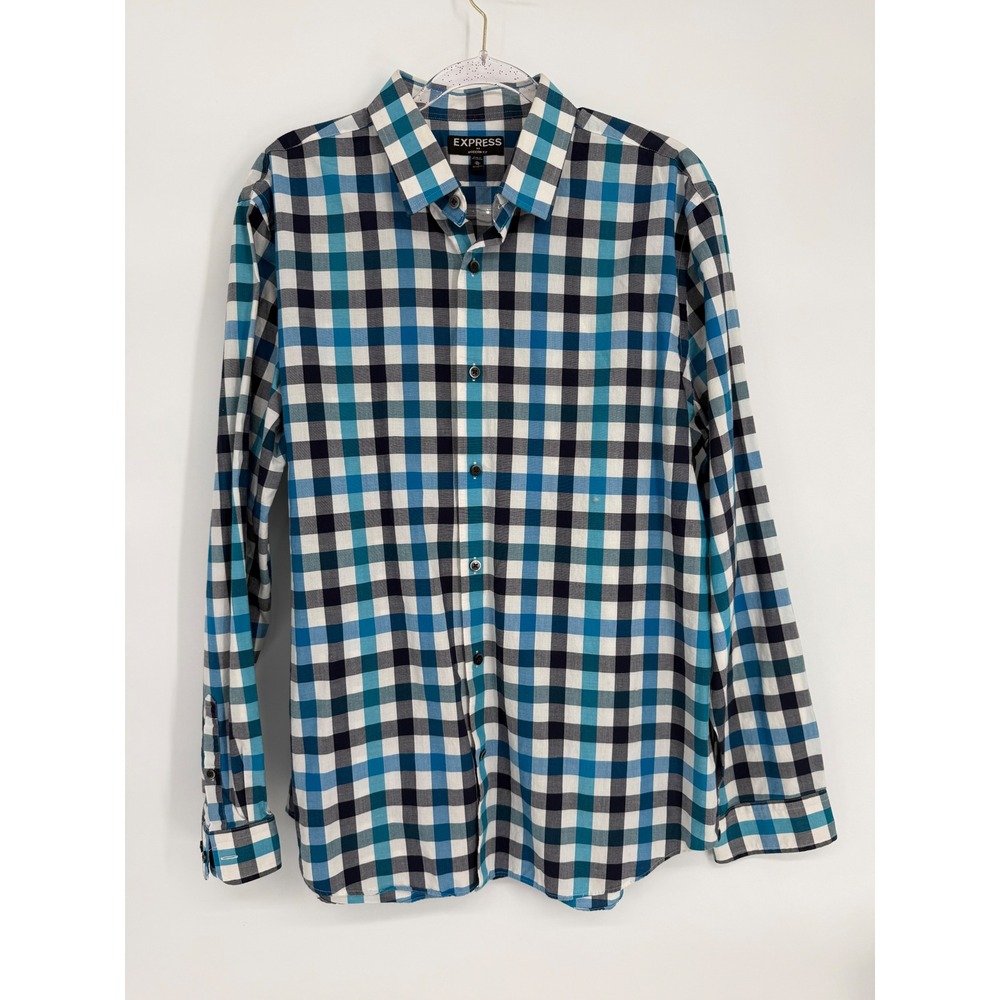 Express Mens XL Modern Fit Blue Plaid Long Sleeve Cotton Button Up Shirt